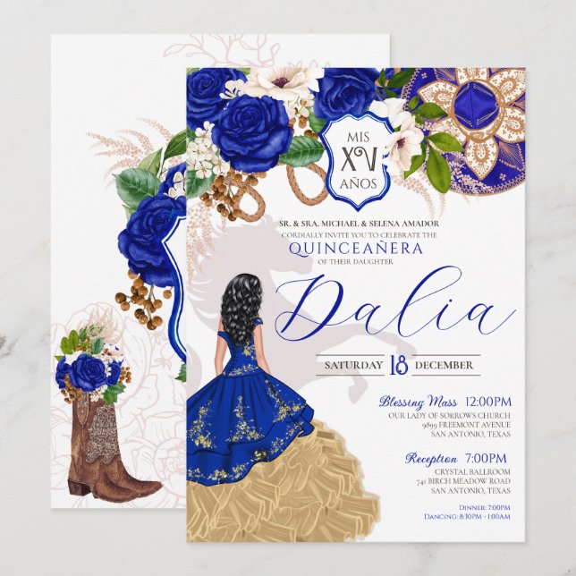 Invitación Escudo Floral Azul Real Rosa Charro Quinceañera In (Anverso / Reverso)