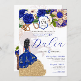 Invitación Escudo Floral Azul Real Rosa Charro Quinceañera In