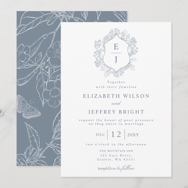 Invitación Escudo Floral azul turbio Monograma Boda (Anverso / Reverso)