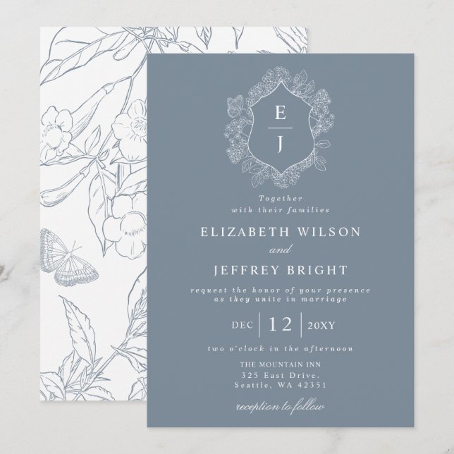 Invitación Escudo Floral azul turbio Monograma Boda (Anverso / Reverso)