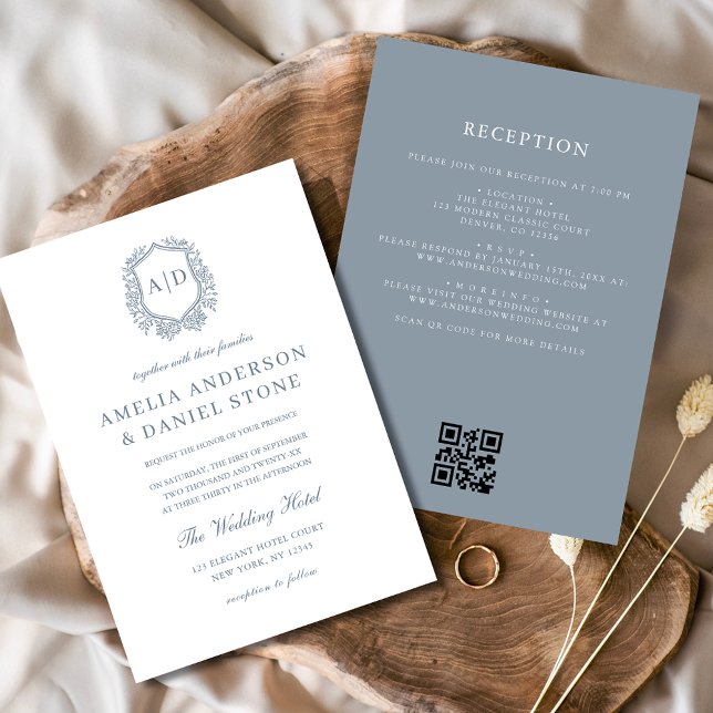 Invitación Escudo Floral azul turbio Monograma Boda Código QR (Subido por el creador)
