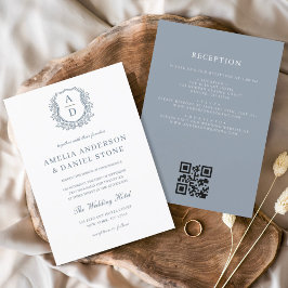 Invitación Escudo Floral azul turbio Monograma Boda Código QR