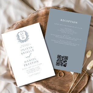 Invitación Escudo Floral azul turbio Monograma Boda Código QR