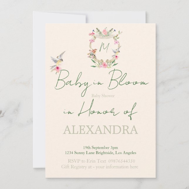 Invitación Escudo floral Baby Shower Monograma Sexo Neutral (Anverso)