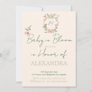 Invitación Escudo floral Baby Shower Monograma Sexo Neutral