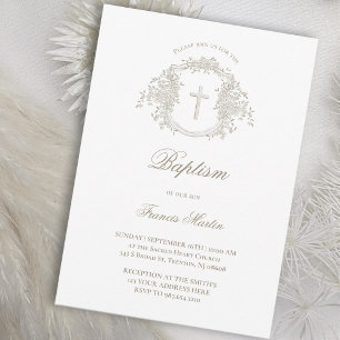 Invitación escudo floral beige elegante   Bautismo