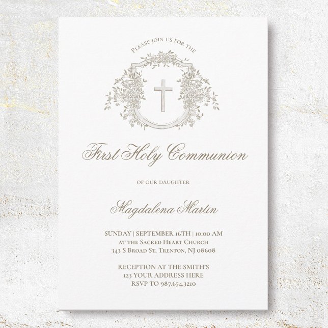 Invitación escudo floral beige elegante | Primera Comunión Sa (Subido por el creador)