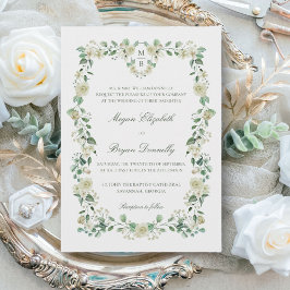 Invitación Escudo floral blanco y matrimonio monograma elegan