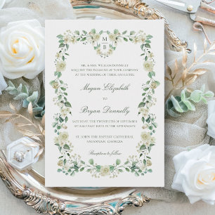 Invitación Escudo floral blanco y matrimonio monograma elegan