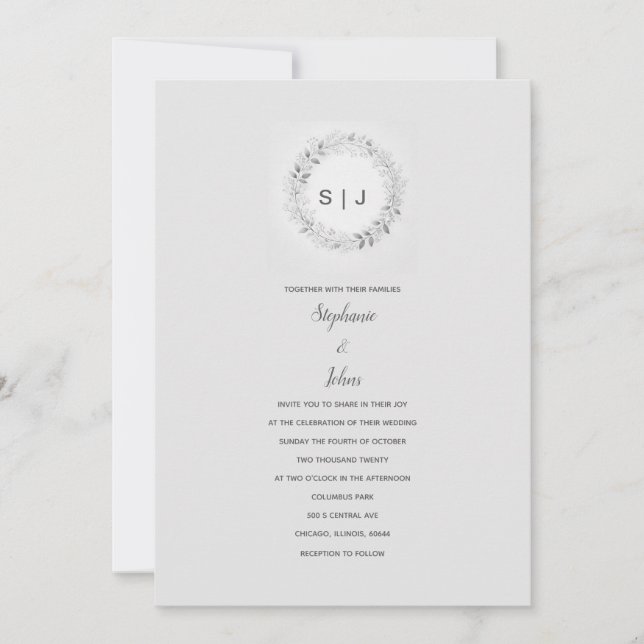 Invitación Escudo floral Boda de monograma gris blanco negro (Anverso)