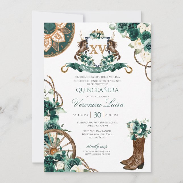 Invitación Escudo floral Charro Emerald Green Quinceanera (Anverso)