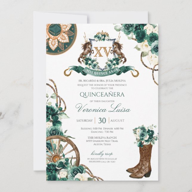 Invitación Escudo floral Charro Emerald Green Quinceanera (Anverso)