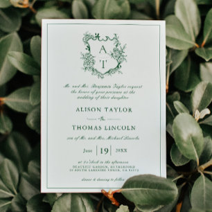 Invitación Escudo floral clásico Boda verde esmeralda