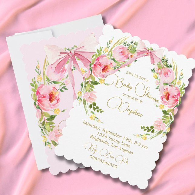 Invitación Escudo floral de Baby Shower Regencia Bow rosa (Subido por el creador)