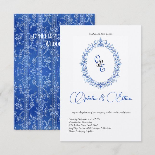 Invitación Escudo Floral de Monograma Azul Victoriano (Anverso / Reverso)