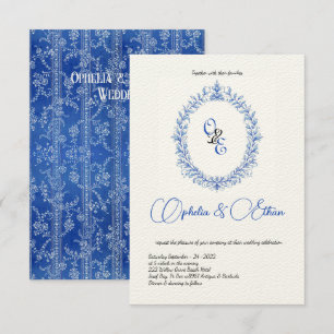 Invitación Escudo Floral de Monograma Azul Victoriano