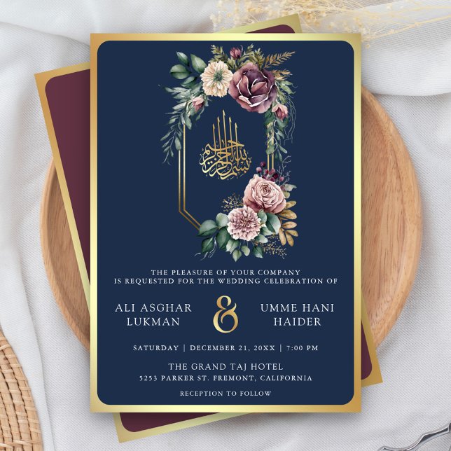 Invitación Escudo floral de oro morado Boda musulmán azul (Subido por el creador)
