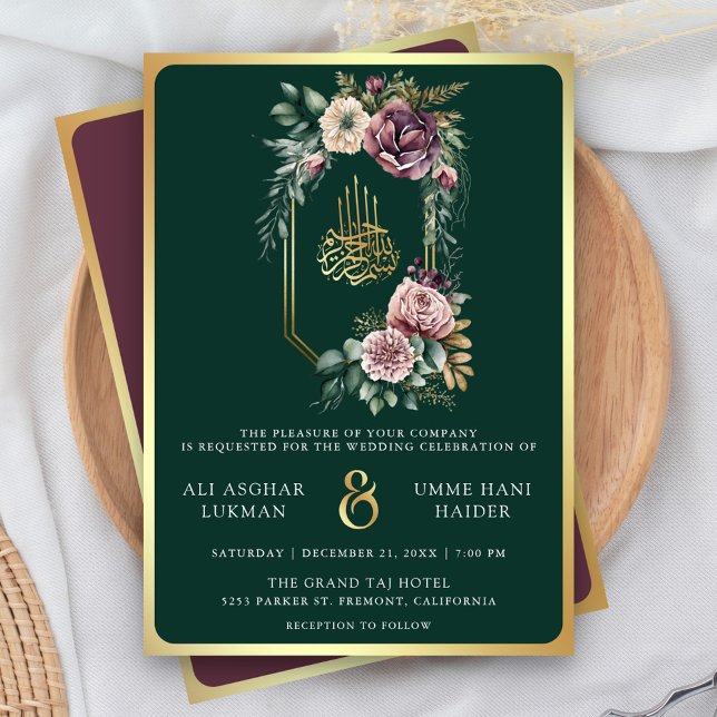 Invitación Escudo floral de oro morado Boda musulmán esmerald (Subido por el creador)