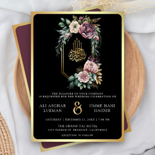 Invitación Escudo floral de oro morado Boda musulmán negro