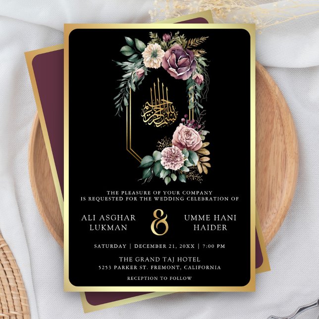 Invitación Escudo floral de oro morado Boda musulmán negro (Subido por el creador)