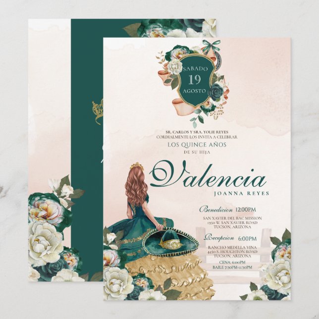 Invitación Escudo floral de oro verde esmeralda Charra Quince (Anverso / Reverso)