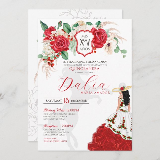 Invitación Escudo floral de rosas rojas Charro Western Quince (Anverso / Reverso)