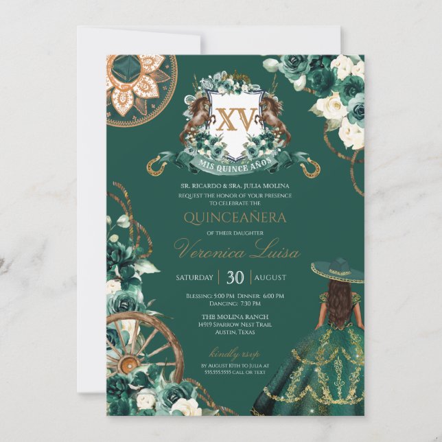 Invitación Escudo floral Emerald Green Charro Quinceañera (Anverso)