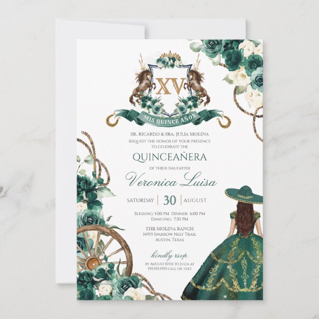 Invitación Escudo floral Emerald Green Charro Quinceanera (Anverso)