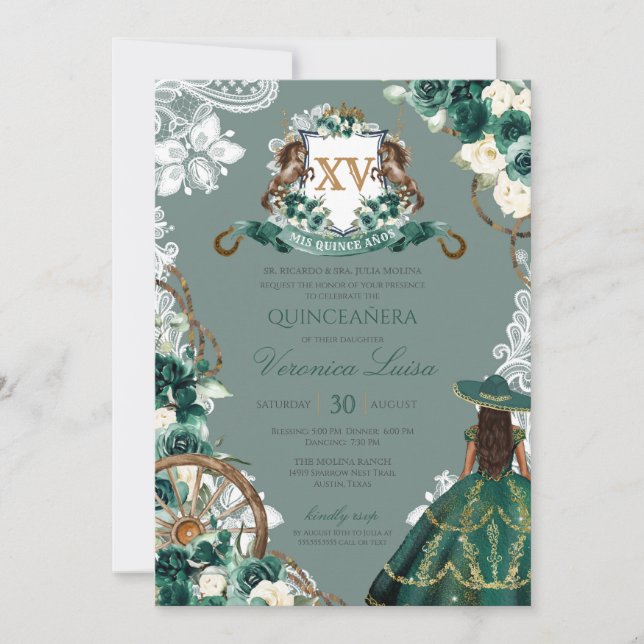 Invitación Escudo floral Emerald Green Charro Quinceanera (Anverso)
