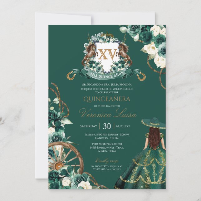 Invitación Escudo floral Emerald Green Charro Quinceanera Gow (Anverso)