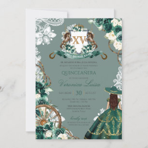 Invitación Escudo floral Emerald Green Charro Quinceanera Inv