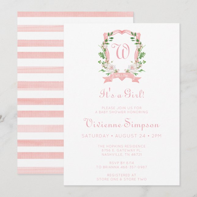 Invitación Escudo floral es un Baby Shower Chica (Anverso / Reverso)
