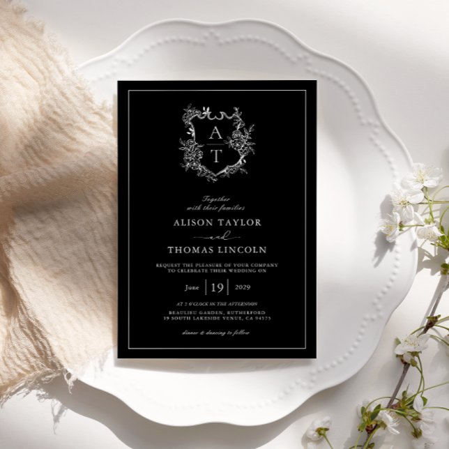 Invitación Escudo floral formal Monograma Boda negro (Subido por el creador)