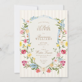 Invitación Escudo floral francés crema nata azul rosa ducha b