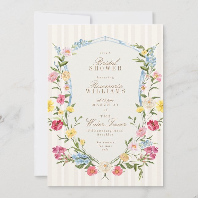 Invitación Escudo floral francés ducha de novia azul rosa (Anverso)
