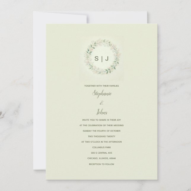 Invitación Escudo floral Monograma Beige Sage Boda Verde (Anverso)