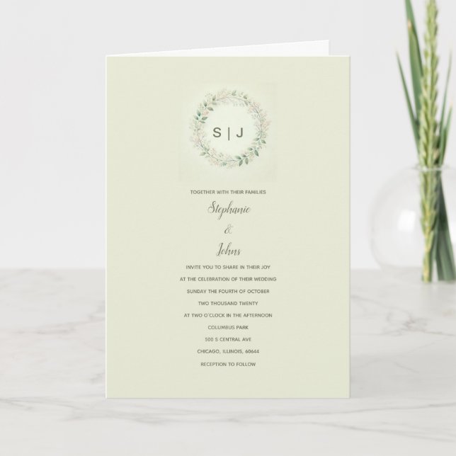 Invitación Escudo floral Monograma Sage Green Beige Boda (Anverso)