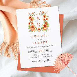 Invitación escudo floral naranja y boda floral inicial