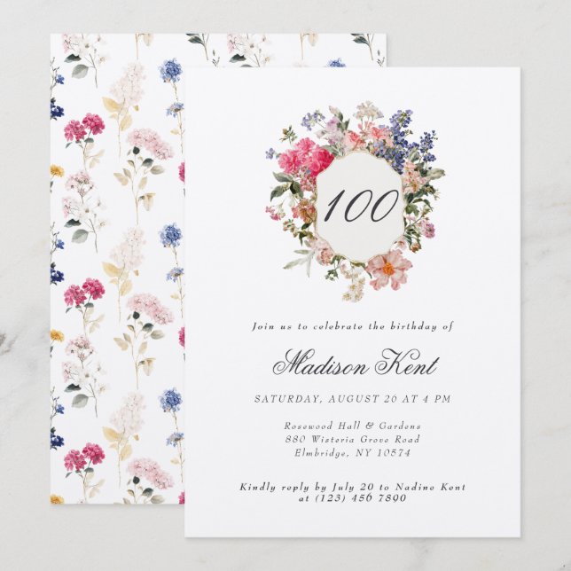 Invitación Escudo floral pintado 100 cumpleaños (Anverso / Reverso)