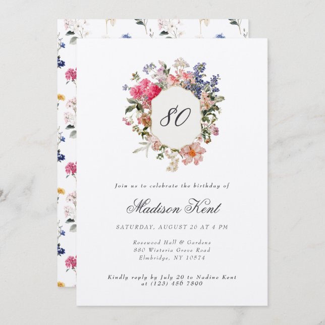 Invitación Escudo floral pintado 80 cumpleaños (Anverso / Reverso)