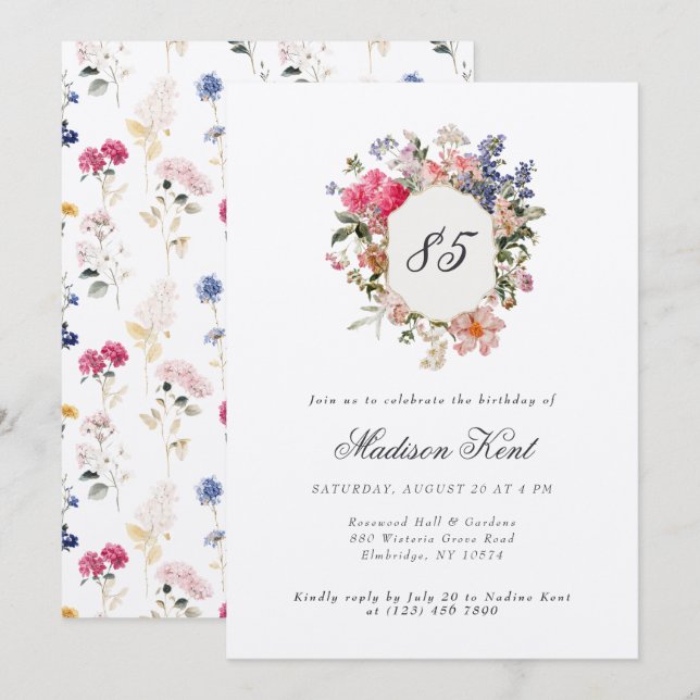 Invitación Escudo floral pintado 85ª fiesta de cumpleaños (Anverso / Reverso)