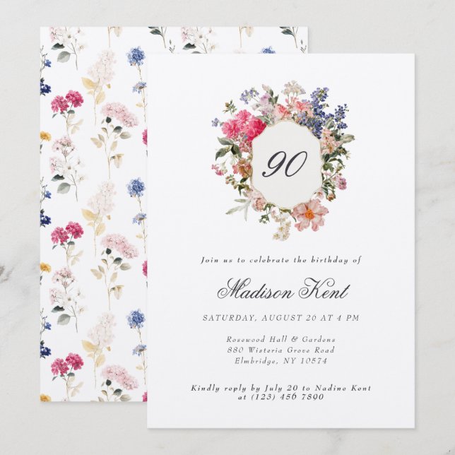 Invitación Escudo floral pintado 90 cumpleaños (Anverso / Reverso)