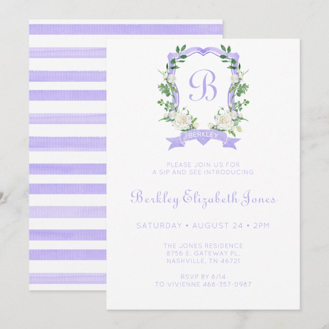 Invitación Escudo Floral Púrpura Chica Sip Y Ver (Anverso / Reverso)