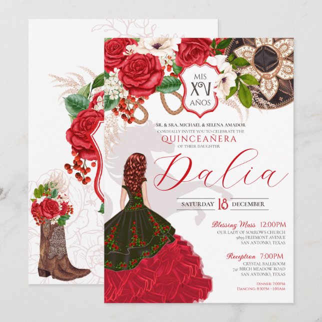 Invitación Escudo floral Rosa Charro Quinceañera Occidental (Anverso / Reverso)