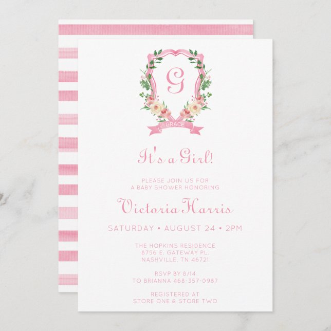 Invitación Escudo floral rosa es un Baby Shower Chica (Anverso / Reverso)