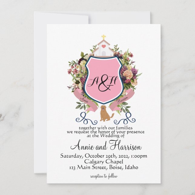 Invitación Escudo floral rosa Monograma Golden Retriever (Anverso)