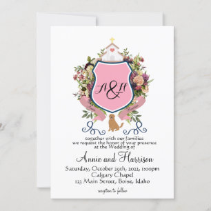 Invitación Escudo floral rosa Monograma Golden Retriever
