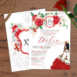 Invitación Escudo Floral Rosa Roja Elegante Carro Quince Años
