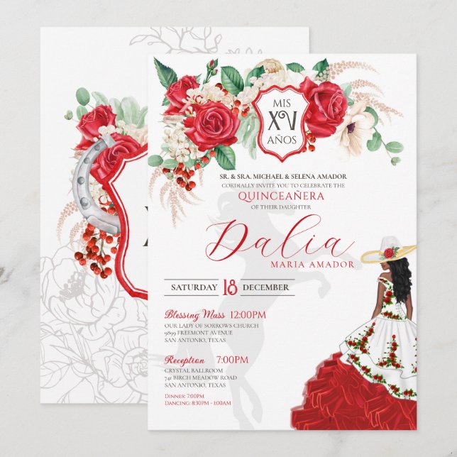Invitación Escudo Floral Rosa Roja Elegante Carro Quince Años (Anverso / Reverso)
