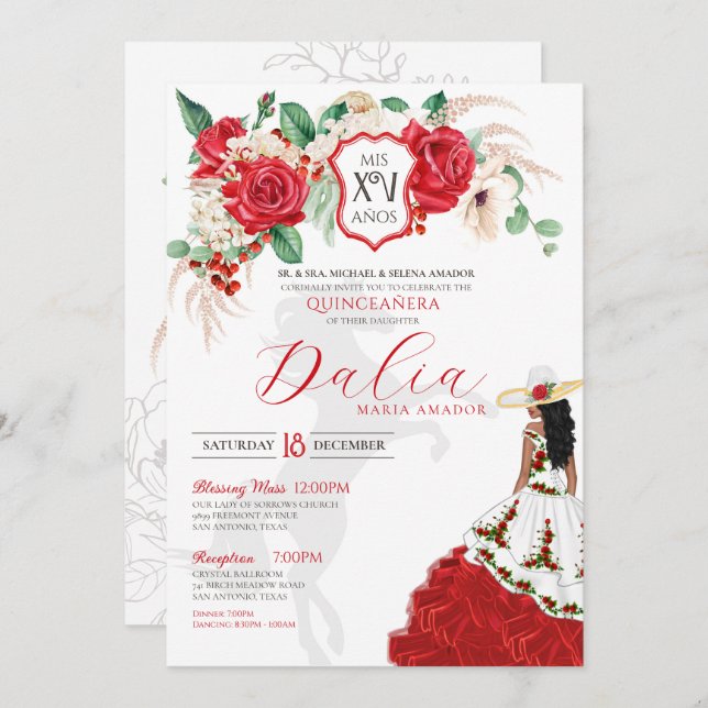 Invitación Escudo Floral Rosa Roja Elegante Charra Quinceañer (Anverso / Reverso)